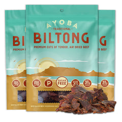 Ayoba front packaging showing 2oz three-pack and clear branding, ideal travel snack
