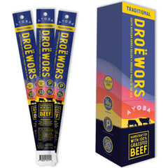Ayoba front packaging showing box of droewors and clear branding, convenient portability