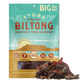 Ayoba front packaging showing 4 ounce biltong pack and branding benefit