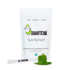 Baahtcha front packaging showing 70g organic matcha and branding benefits