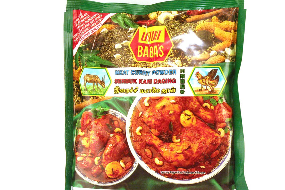 Babas jar front label showing meat curry powder and clear benefit of bold seasoning