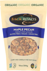 Back Roads front packaging showing maple pecan organic granola — clear labeling benefit