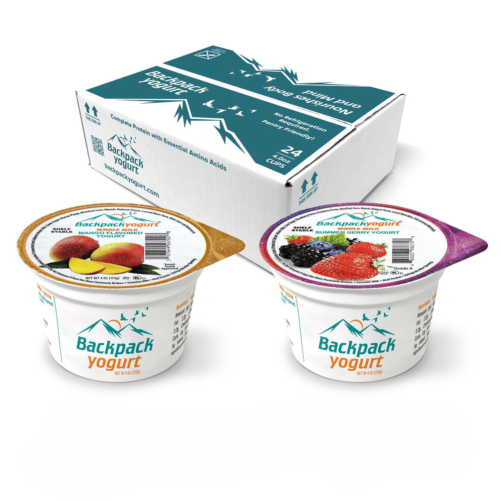 Backpack Yogurt front packaging showing mango and berry variety, convenient grab-and-go snack