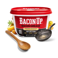 Bacon Up front tub showing label and ready-to-use bacon fat benefit