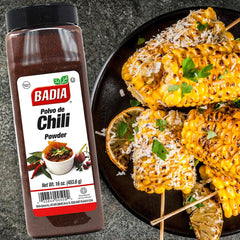 Badia chili powder spoon contents closeup showing texture and aroma boost
