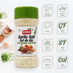 Badia close-up of coarse salt, garlic flakes and parsley showing texture benefit