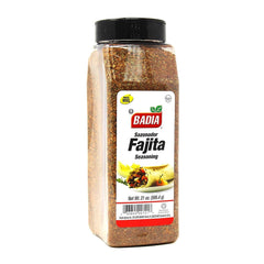 Badia front label of fajita seasoning jar showing brand and bold flavor benefits