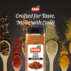 Close-up of Badia Five Spice label and lid, highlights brand quality