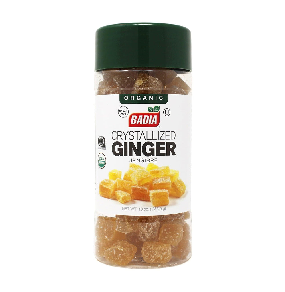 Badia organic crystallized ginger front packaging showing label and resealable bag benefit