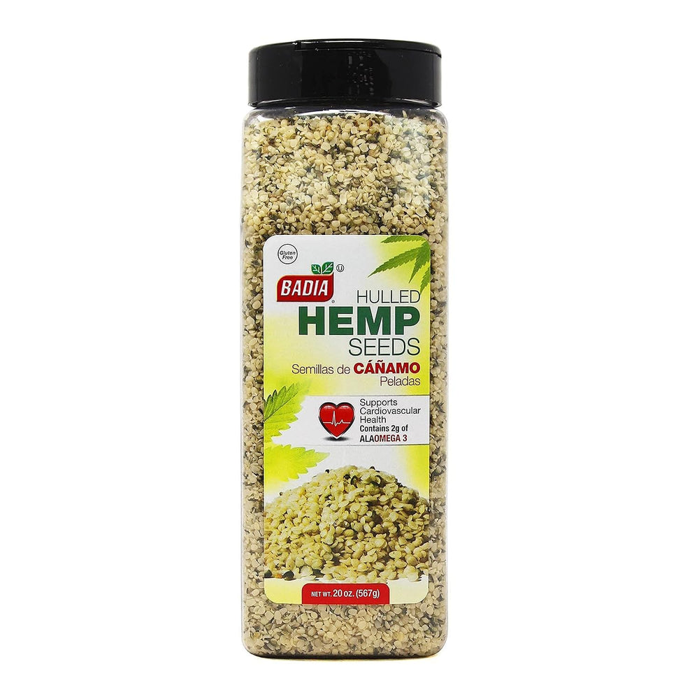 Badia front packaging of 20 oz hulled hemp seeds shows brand and resealable bag for freshness