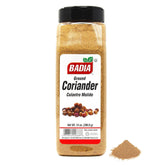 Badia ground coriander front packaging showing label and size, ensures clear identification and trust