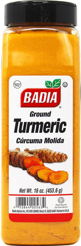 Badia front label of 16 oz turmeric jar showing brand and product
