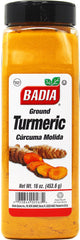 Badia front label of 16 oz turmeric jar showing brand and product