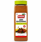 Badia front label of 24 oz jerk seasoning shows product name and size, clear identification benefit