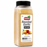 Badia roasted garlic powder front jar showing label and resealable lid, convenient bulk size
