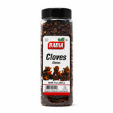 Badia whole cloves front label showing 12 oz jar and clear packaging for freshness