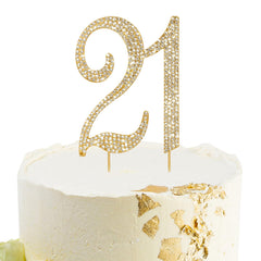 BAHABY front view showing gold 21 topper and sparkling rhinestones for elegant cakes