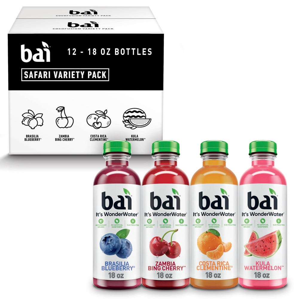 Bai front packaging showing 12 bottles and variety branding for easy selection