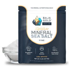 Baja Gold front packaging 5 lb bag showing brand and resealable seal, keeps salt fresh