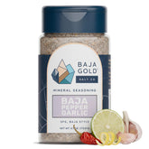 Baja Gold front packaging showing bottle and garlic pepper seasoning benefits