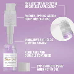 Bakell spraying lilac dust onto cake creating delicate pearlescent finish