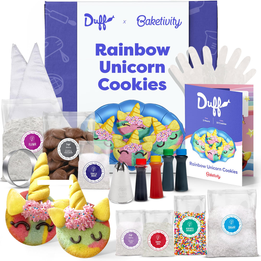 Baketivity front packaging showing unicorn cookies kit and Duff Goldman branding, inspires creativity