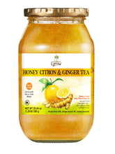 Balance Grow jar front view showing citron and ginger preserve, ready to make tea