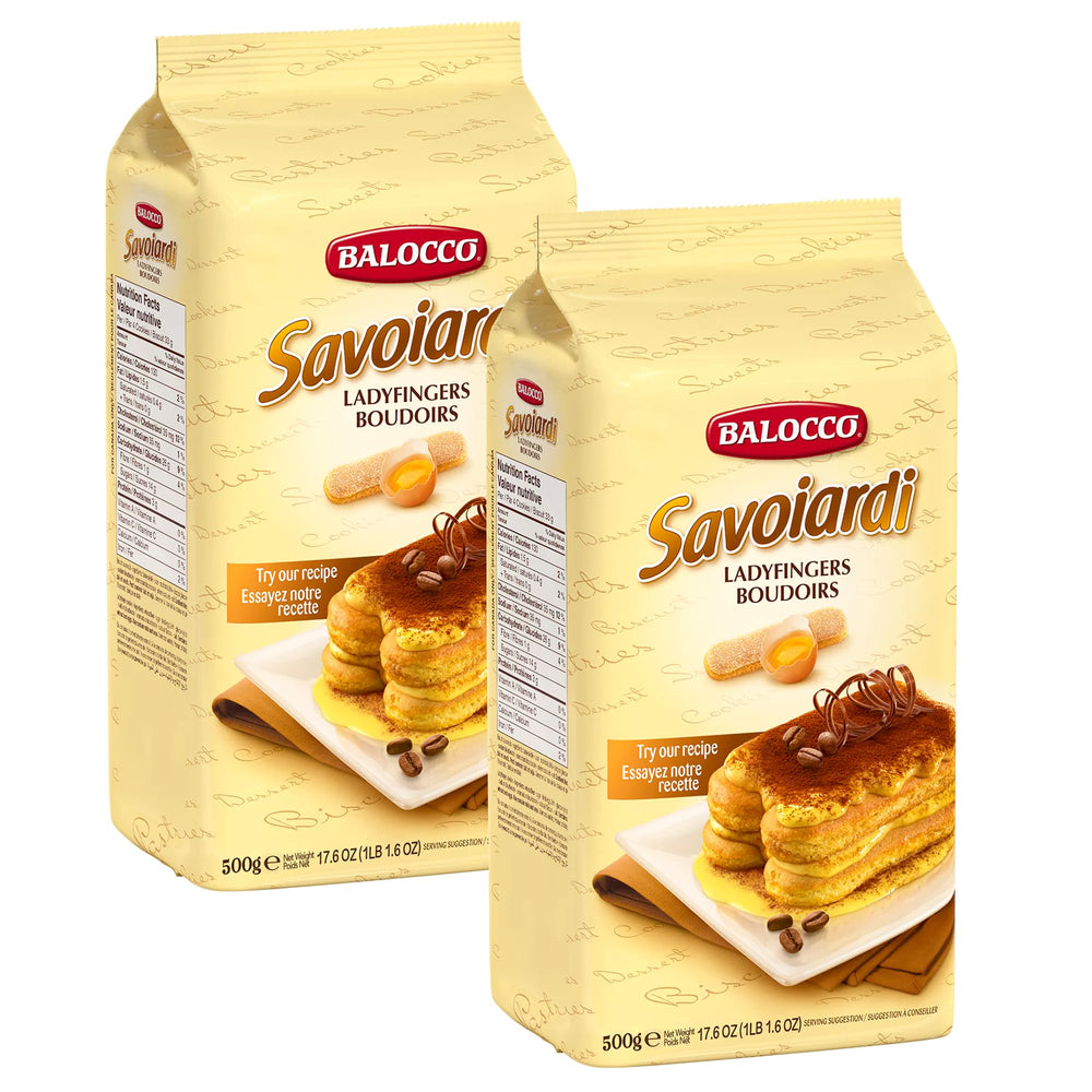 Balocco Savoiardi front packaging showing two 17.6 oz packs and dessert-ready benefit