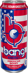 Bang American Berry close-up label highlighting ingredients and zero sugar benefit