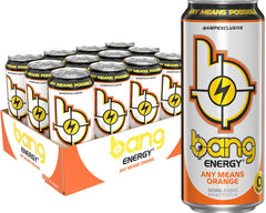 BANG front can showing Any Means Orange branding and bold citrus appeal for eye-catching shelf impact