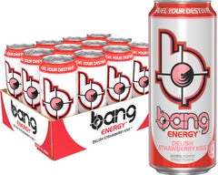 BANG Delish Strawberry Kiss front can showing label and 16 fl oz size, energizes pre-workout