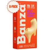 Banza front box mac and cheese showing bright orange packaging and convenience
