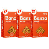 Banza front box variety pack showing bright orange packaging and variety