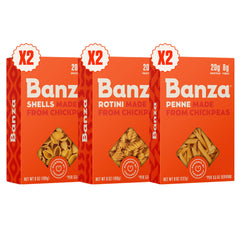 Banza front box variety pack showing bright orange packaging and variety