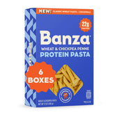 Banza front packaging showing six-box pack and product claim for pantry convenience