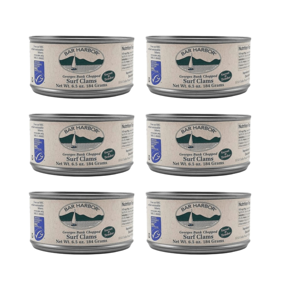 Bar Harbor front can showing Georges Bank chopped surf clams and clear branding