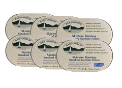 Bar Harbor front can showing smoked sardine label and convenient packaging benefit