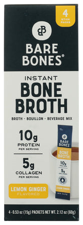 Bare Bones front packaging showing four lemon ginger stick packets and clear benefits