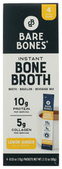 Bare Bones front packaging showing four lemon ginger stick packets and clear benefits