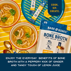 Bare Bones lemon ginger broth in mug steaming, offering quick warmth