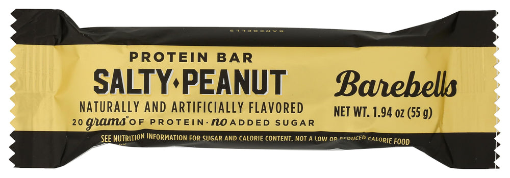 BAREBELLS bar front packaging showing salty peanut flavor and portable protein benefit