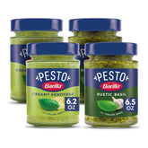Barilla creamy Genovese pesto front jar showing label and serving size benefit