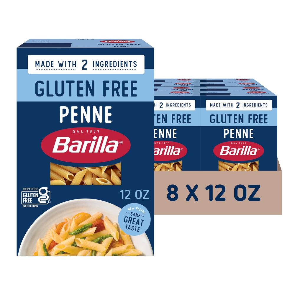 Barilla front packaging showing gluten free penne and 12oz box benefit pantry-ready
