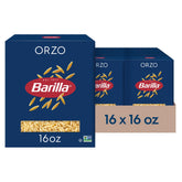 Barilla orzo front packaging shows brand and 16oz box, convenient bulk supply