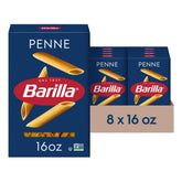 Barilla penne front packaging showing brand and box design with pantry-ready benefit