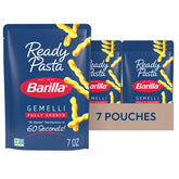 Barilla ready pasta gemelli front packaging showing quick microwave benefit