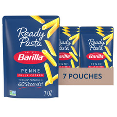 Barilla front packaging of Ready Pasta penne showing brand and convenience