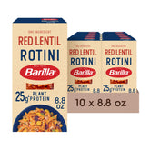 Barilla package front showing red lentil rotini and branding, highlights protein