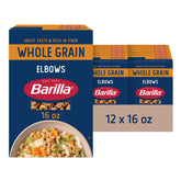 Barilla whole grain elbows front package showing brand and whole grain benefit