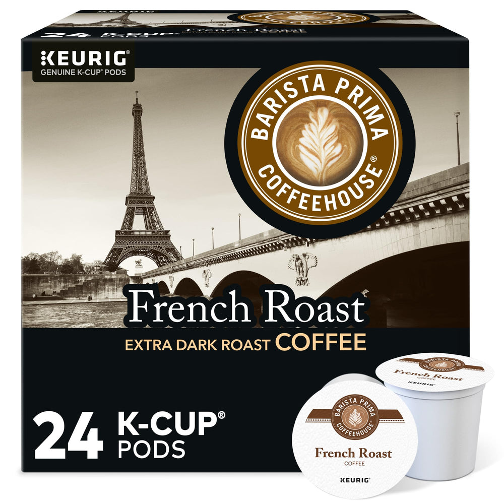 Barista Prima front packaging showcasing bold French Roast and 96-count convenience